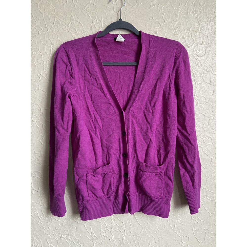 J.Crew 100% Merino Wool Cardigan Sweater Womens M Magenta Lightweight Pockets